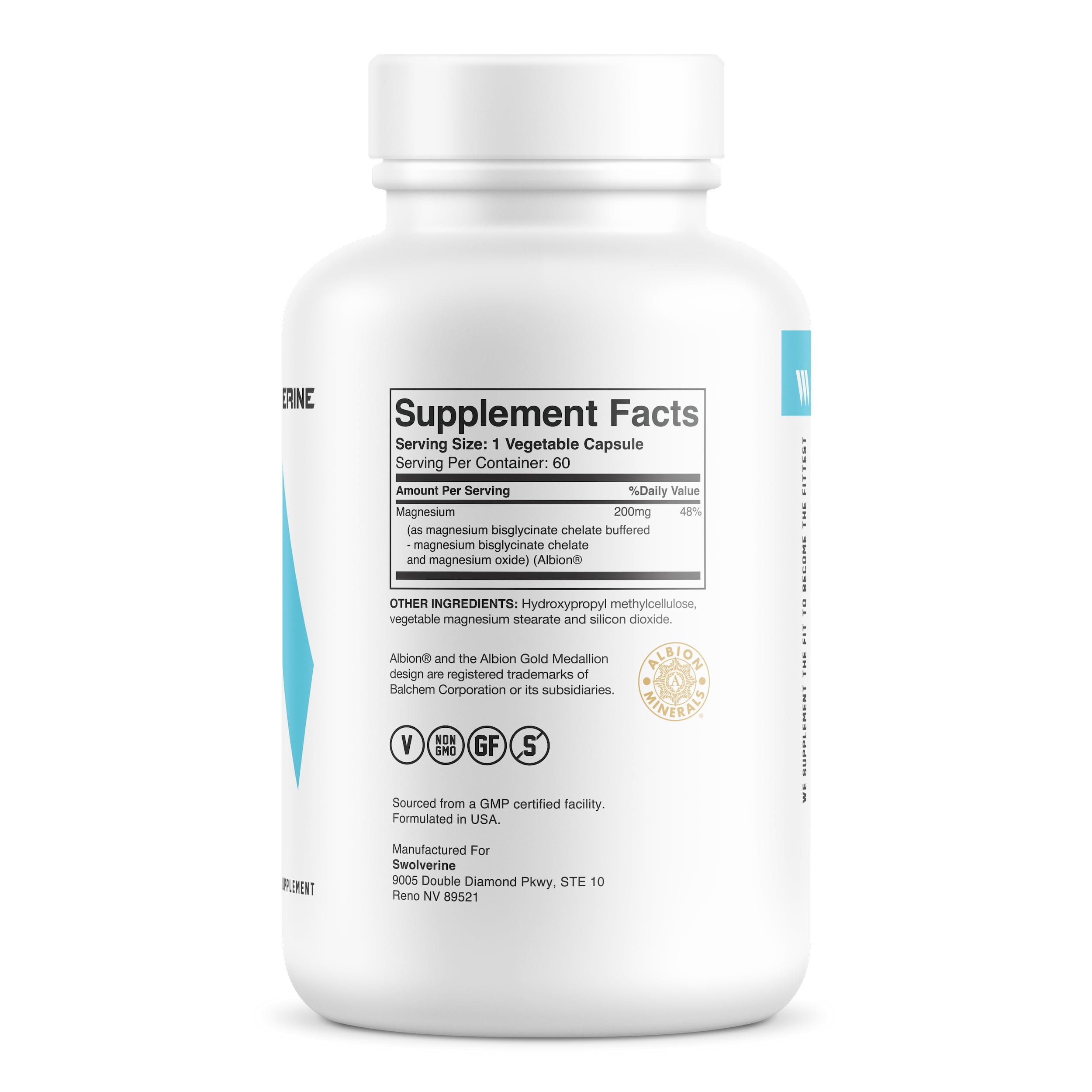 Swolverine Magnesium Bisglycinate close-up emphasizes high absorbability for daily use.