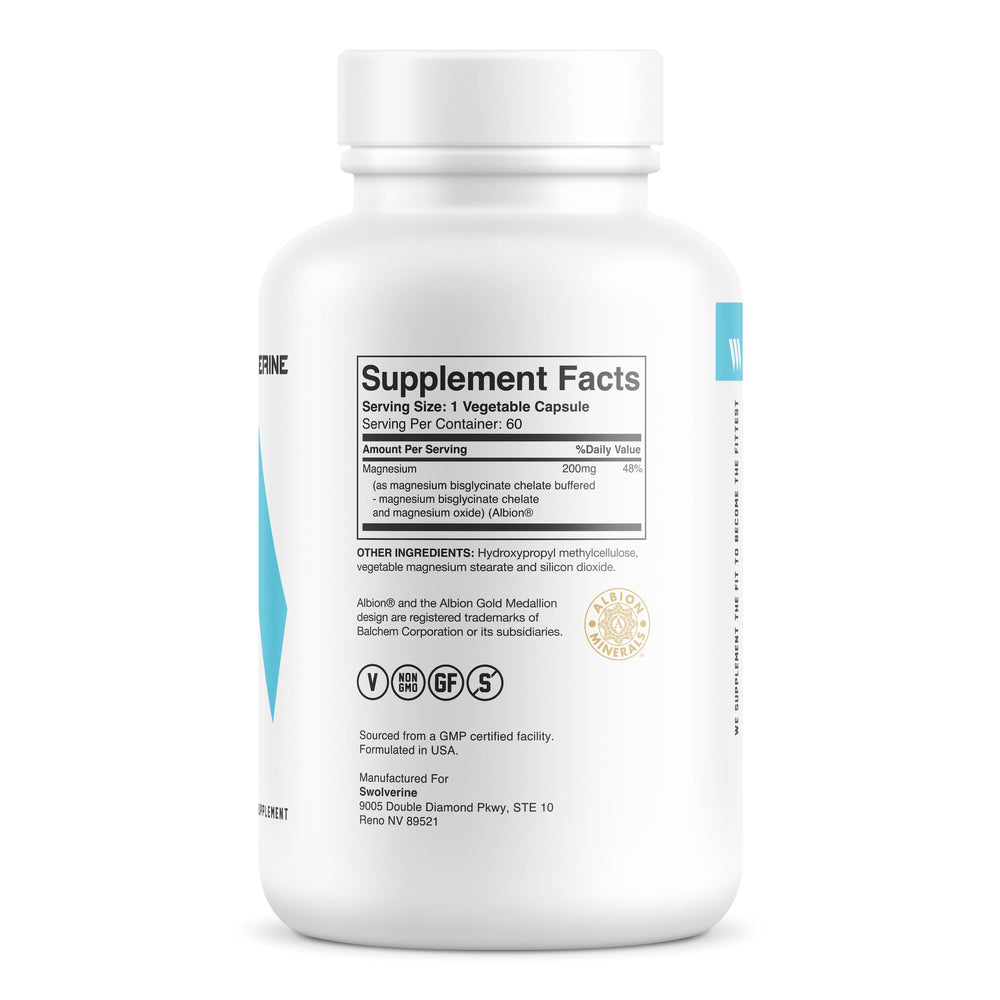 Swolverine Magnesium Bisglycinate close-up emphasizes high absorbability for daily use.