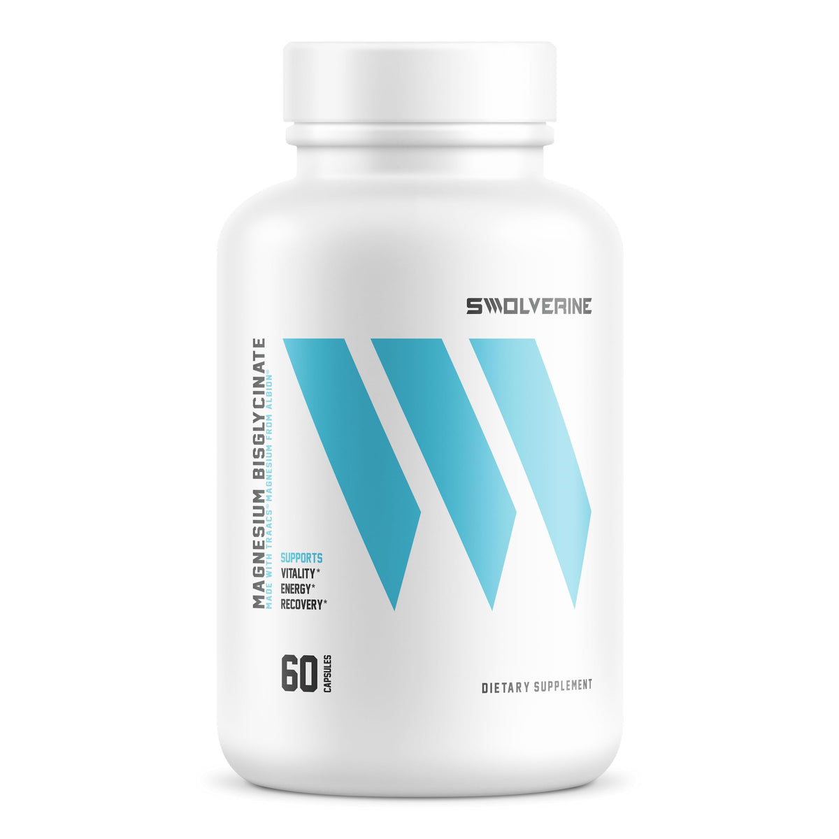 Swolverine Magnesium Bisglycinate bottle highlighting Albion TRAACS chelated magnesium for gentle daily support.