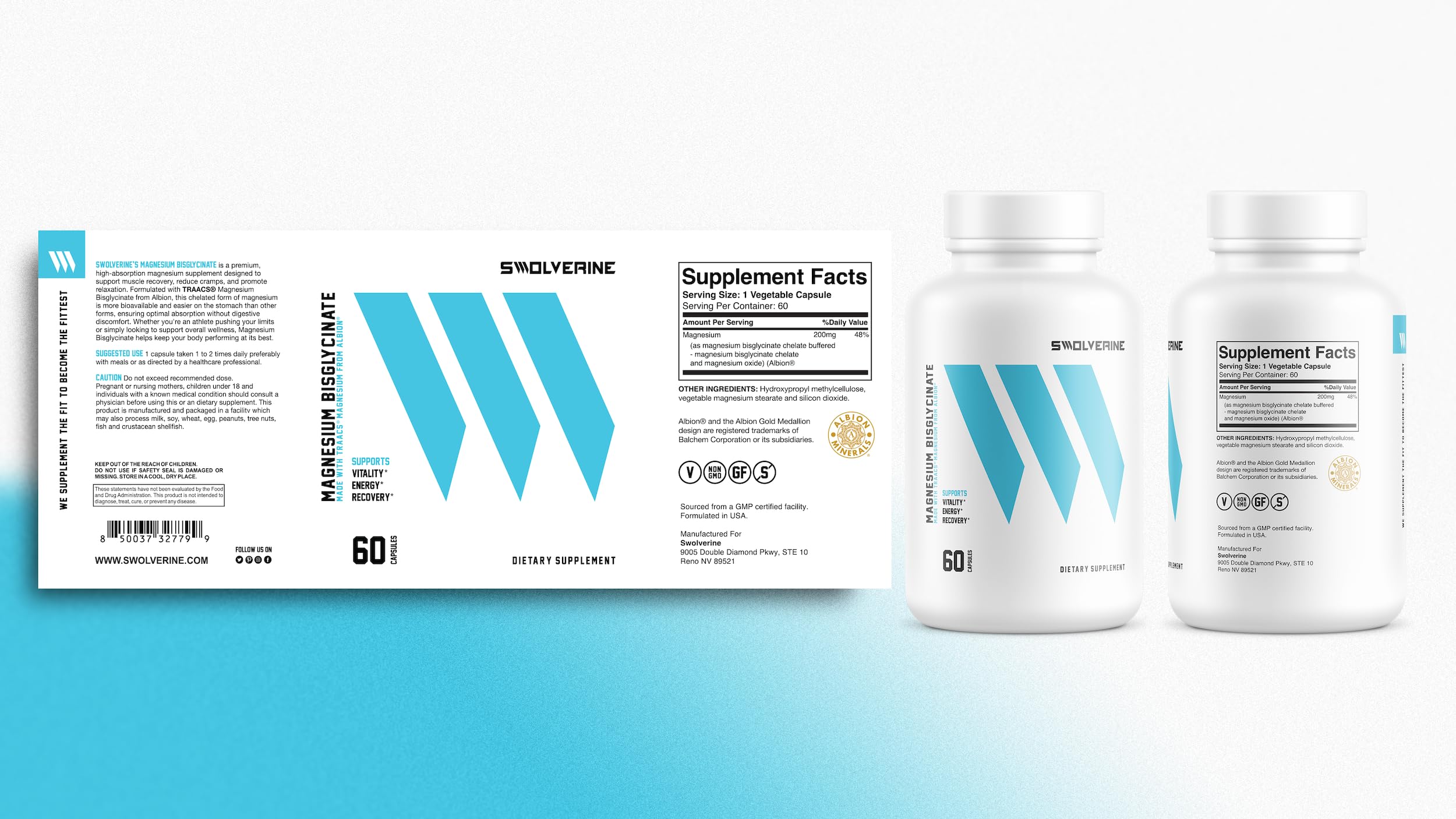 Swolverine Magnesium Bisglycinate packaging shows 60 servings for daily wellness.