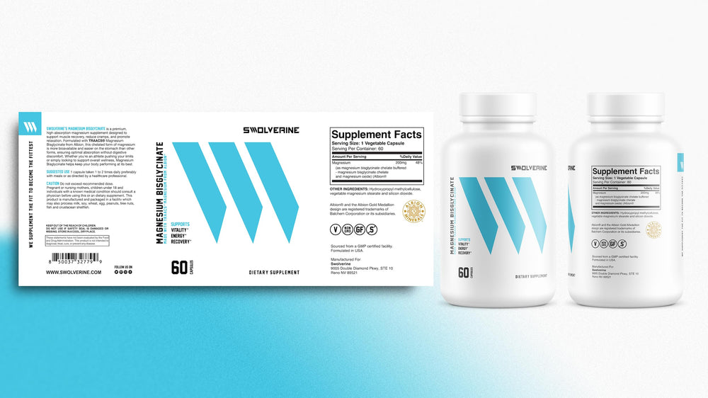 Swolverine Magnesium Bisglycinate packaging shows 60 servings for daily wellness.