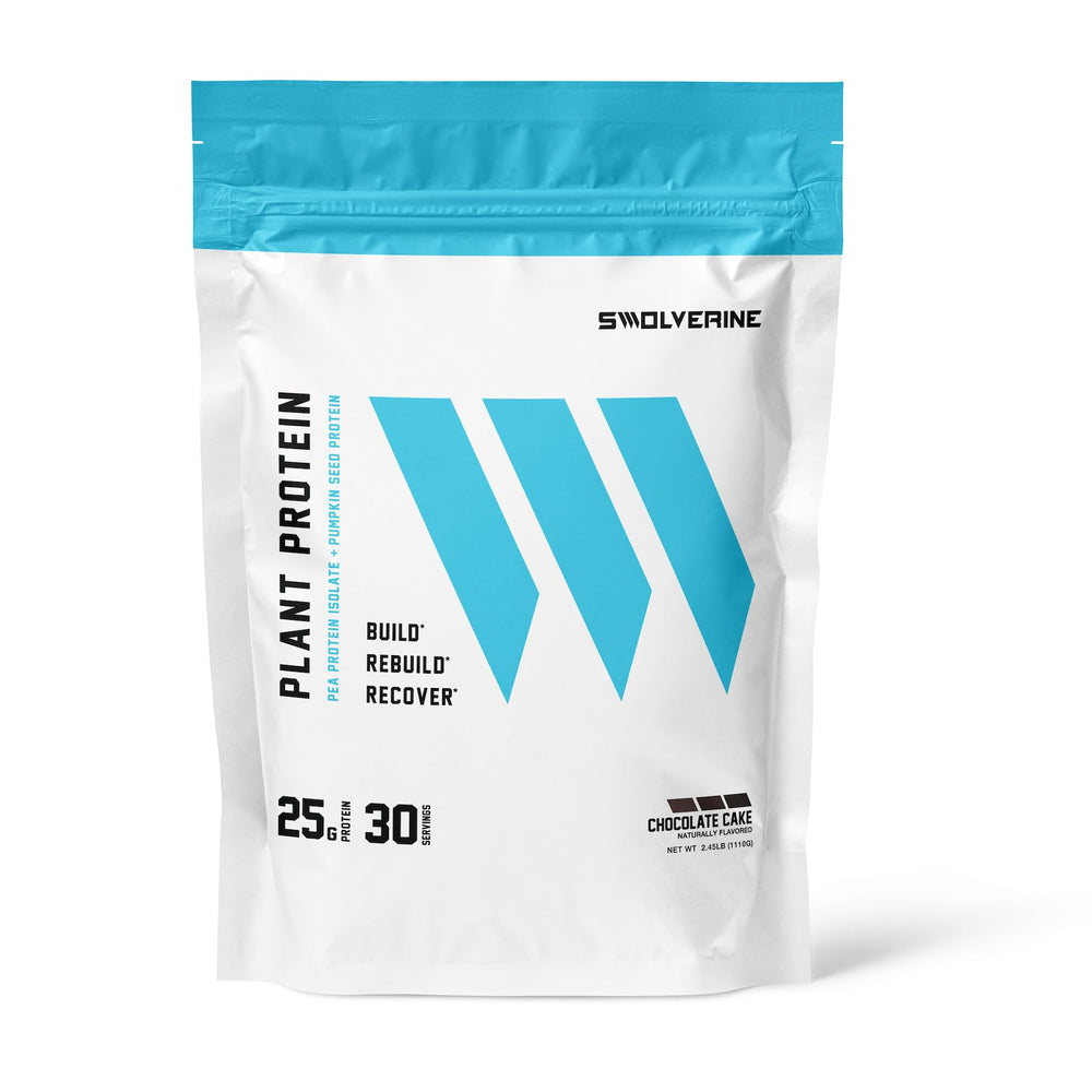 Swolverine Plant Protein chocolate cake canister, high-quality protein for workouts