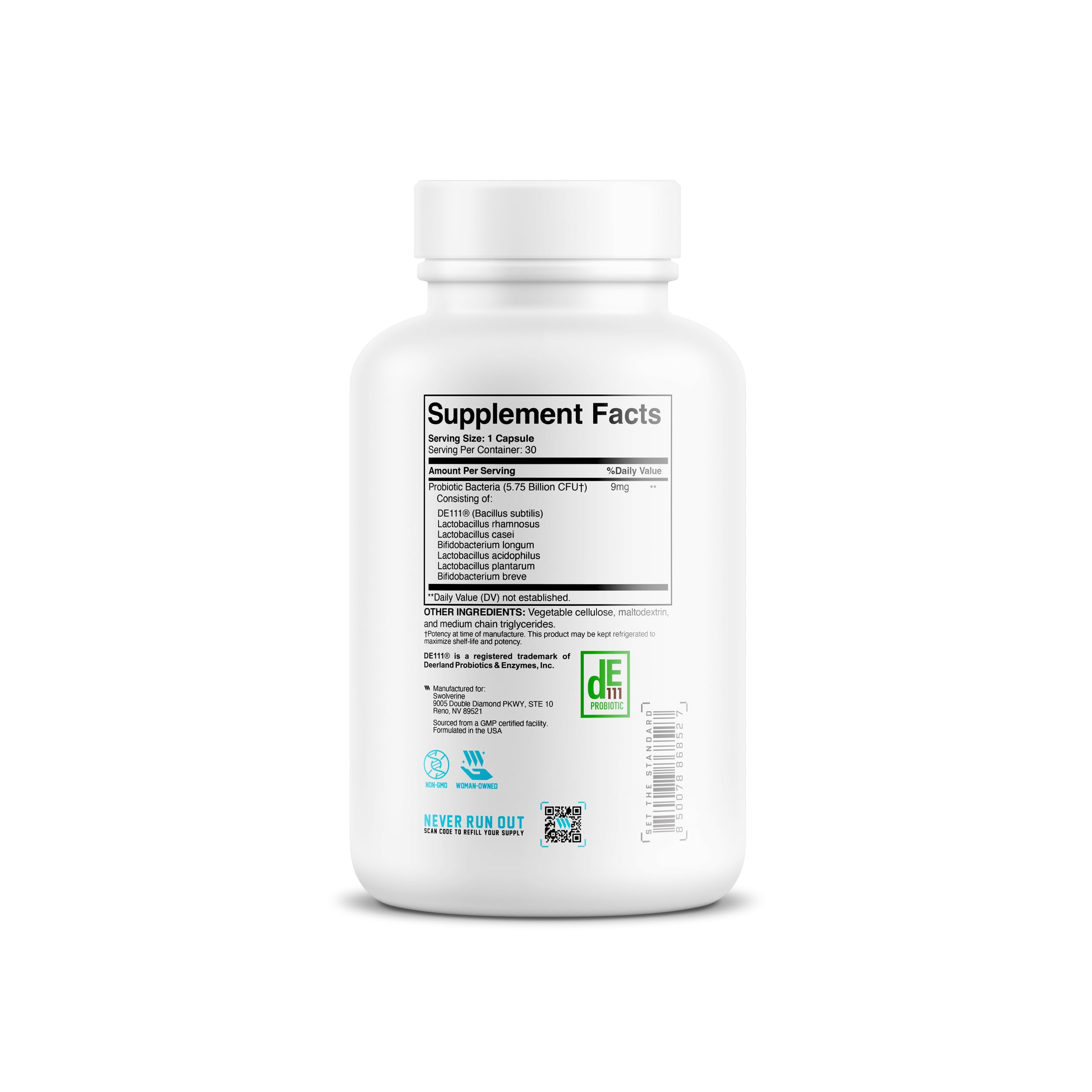 Swolverine Probiotix label details showcasing the DE111 Bacillus Subtilis strain