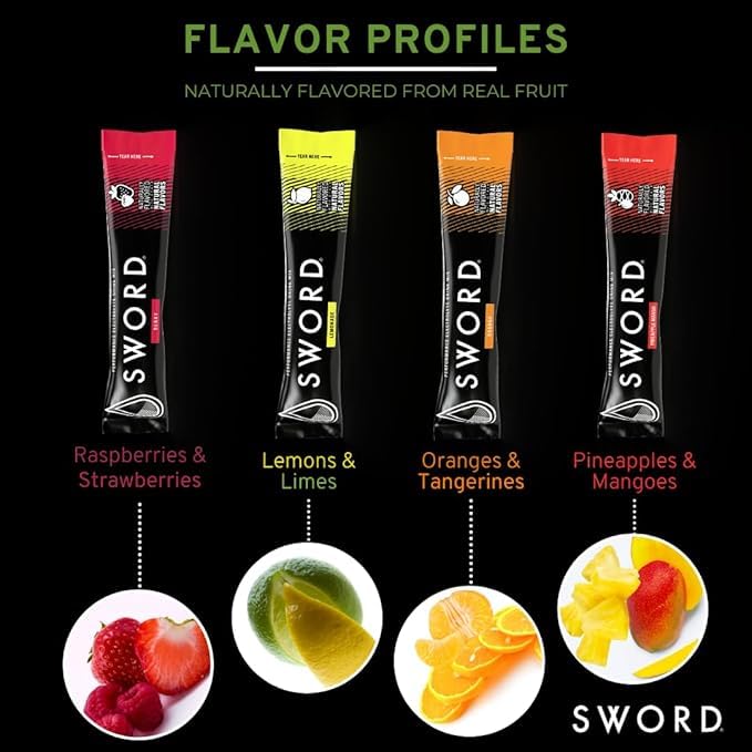 Sword Performance pineapple mango electrolyte packet offers tropical flavor during activity.