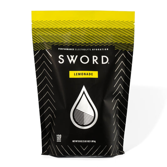 SWORD PERFORMANCE Lemonade electrolyte powder tub for quick hydration during workouts.