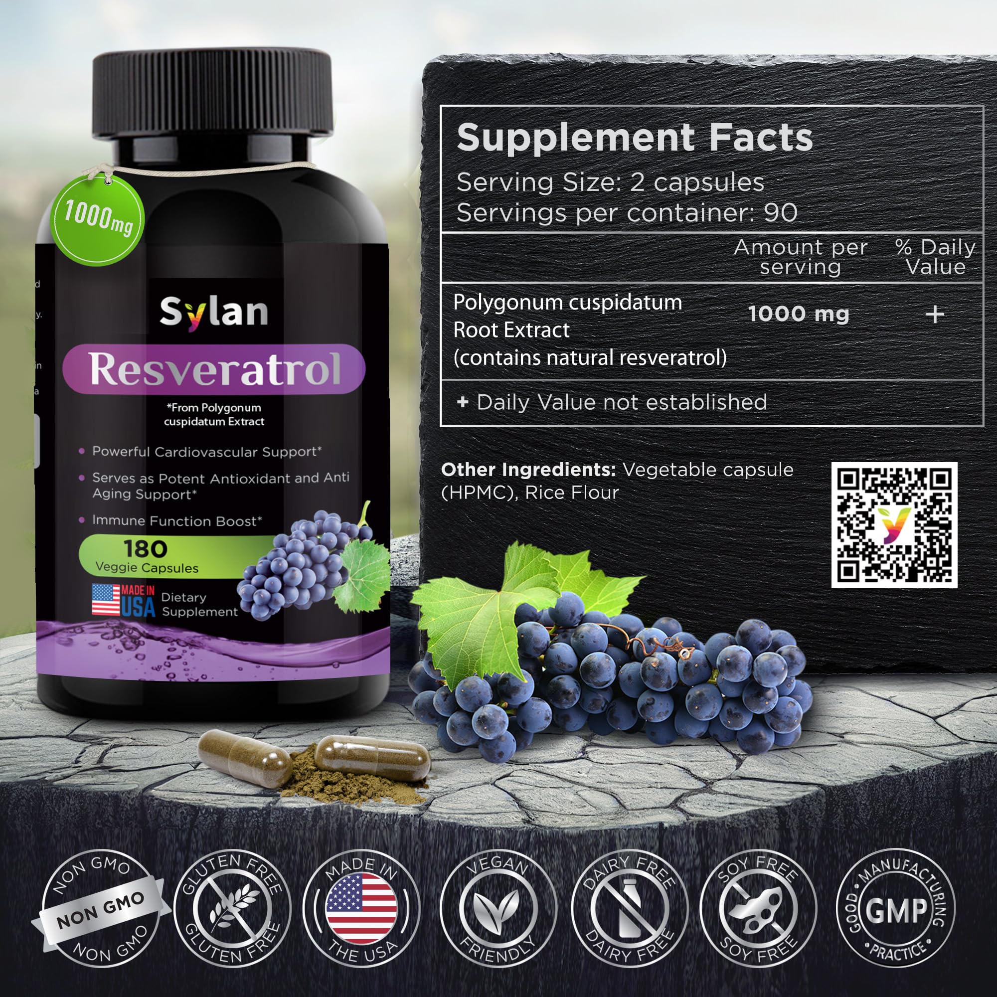 SYLAN Resveratrol bottle label with non-GMO and vegan-friendly details