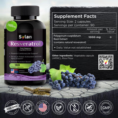 SYLAN Resveratrol bottle label with non-GMO and vegan-friendly details