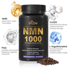 Syloni NMN bottle label close-up highlighting ingredients and purity