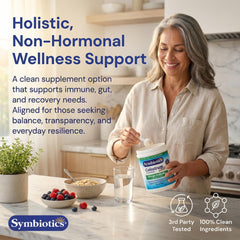 Gluten-free badge on Symbiotics Colostrum Plus Powder packaging.