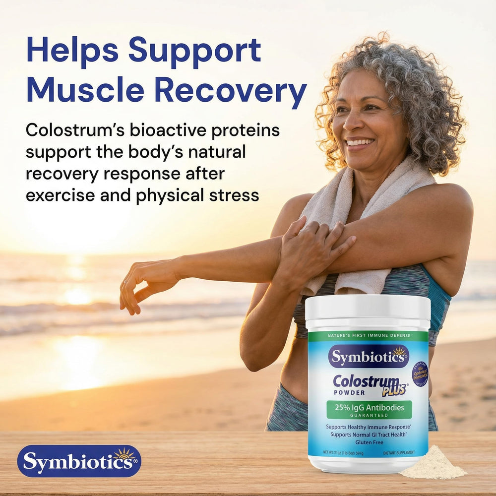 Pouring Colostrum Plus Powder into a shaker after a workout session.