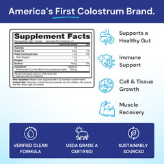 Symbiotics Colostrum Plus Powder tub back showing ingredients and 25% IgG content.