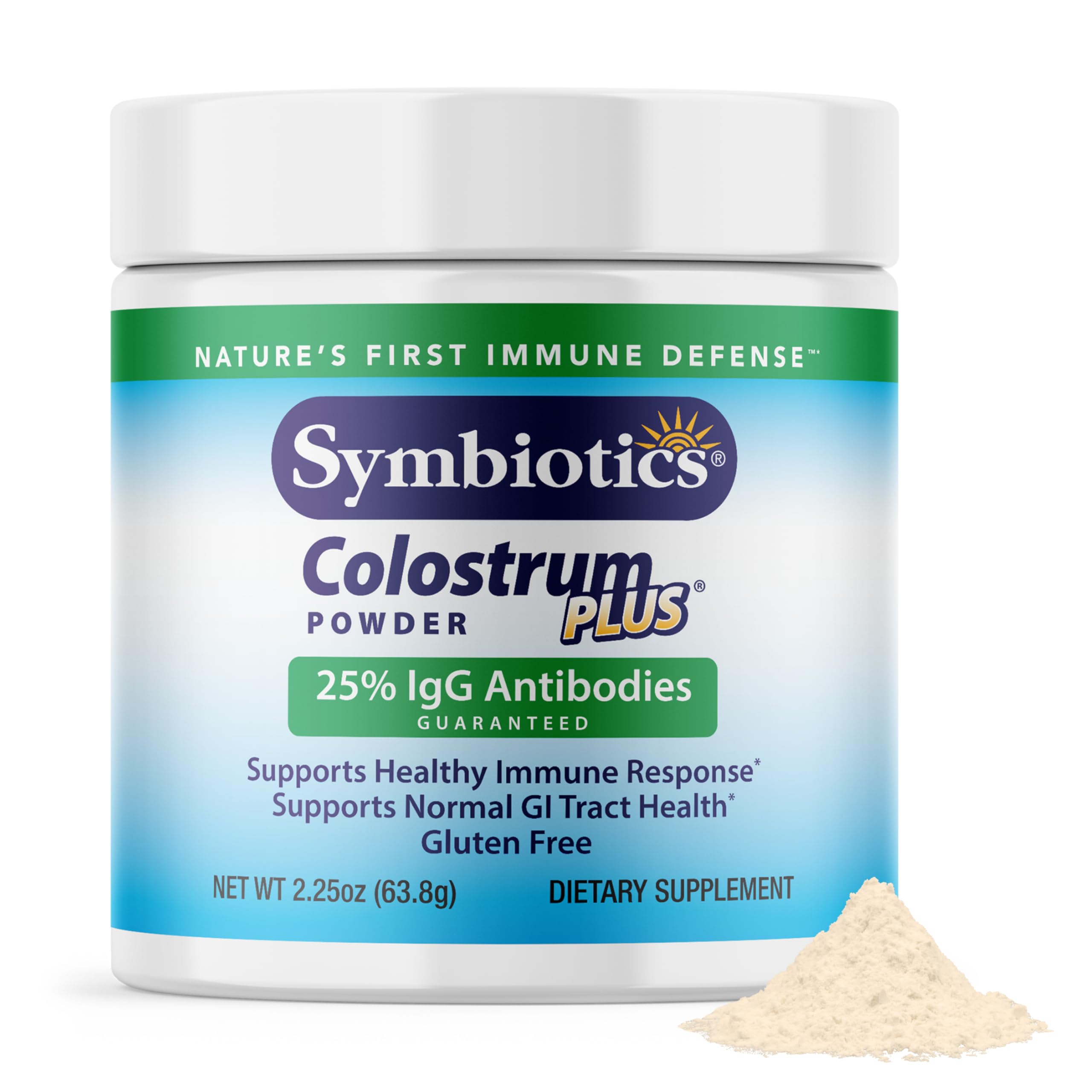 Symbiotics Colostrum Plus Powder tub front, unflavored and gluten-free for daily use.