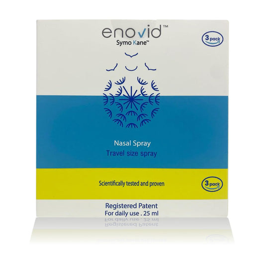Symo Kane Enovid nasal spray packaging shown, highlighting compact travel-ready design.