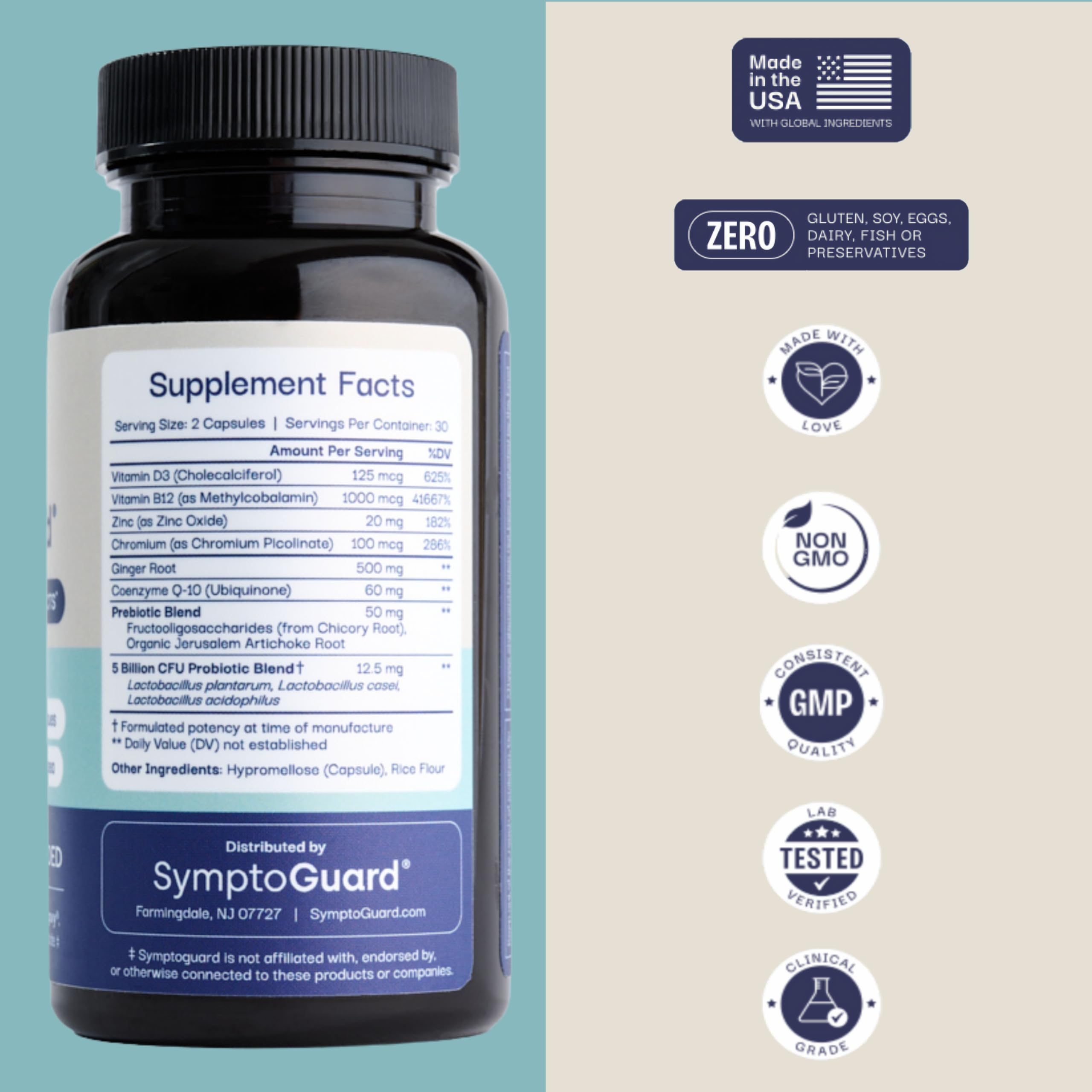 Close-up of SymptoGuard GLP-1 capsules for a simple daily routine