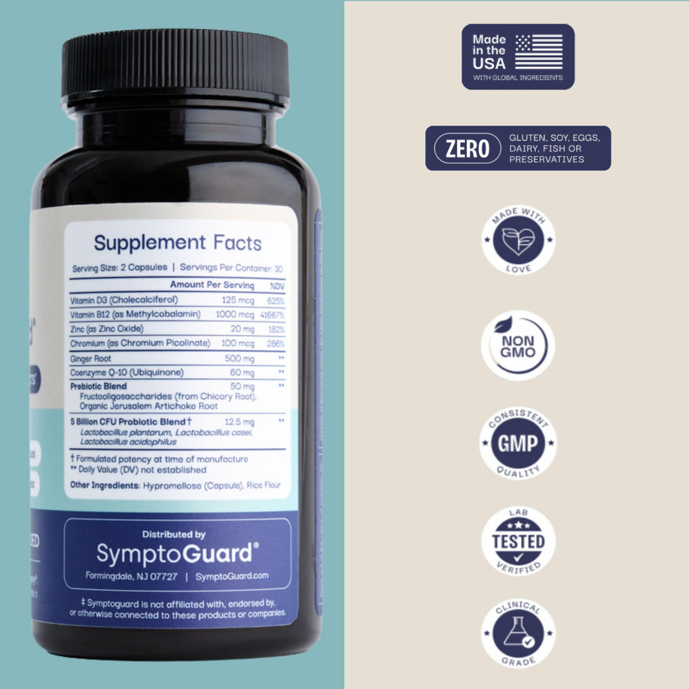 Close-up of SymptoGuard GLP-1 capsules for a simple daily routine