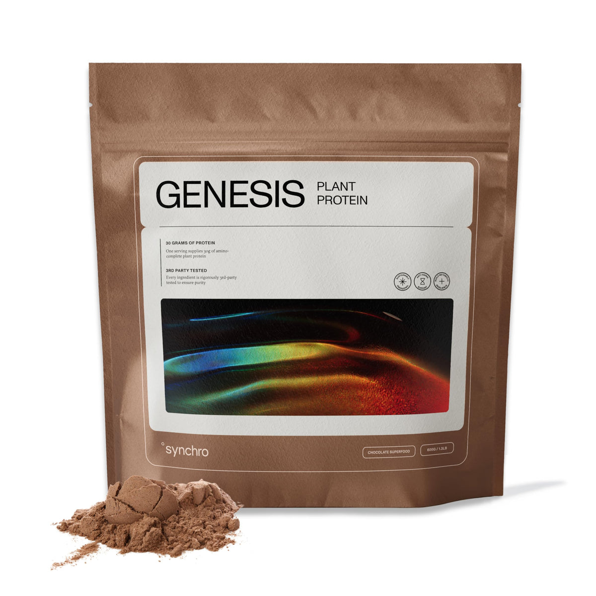 Synchro Genesis chocolate protein powder tub for creamy shakes and everyday use