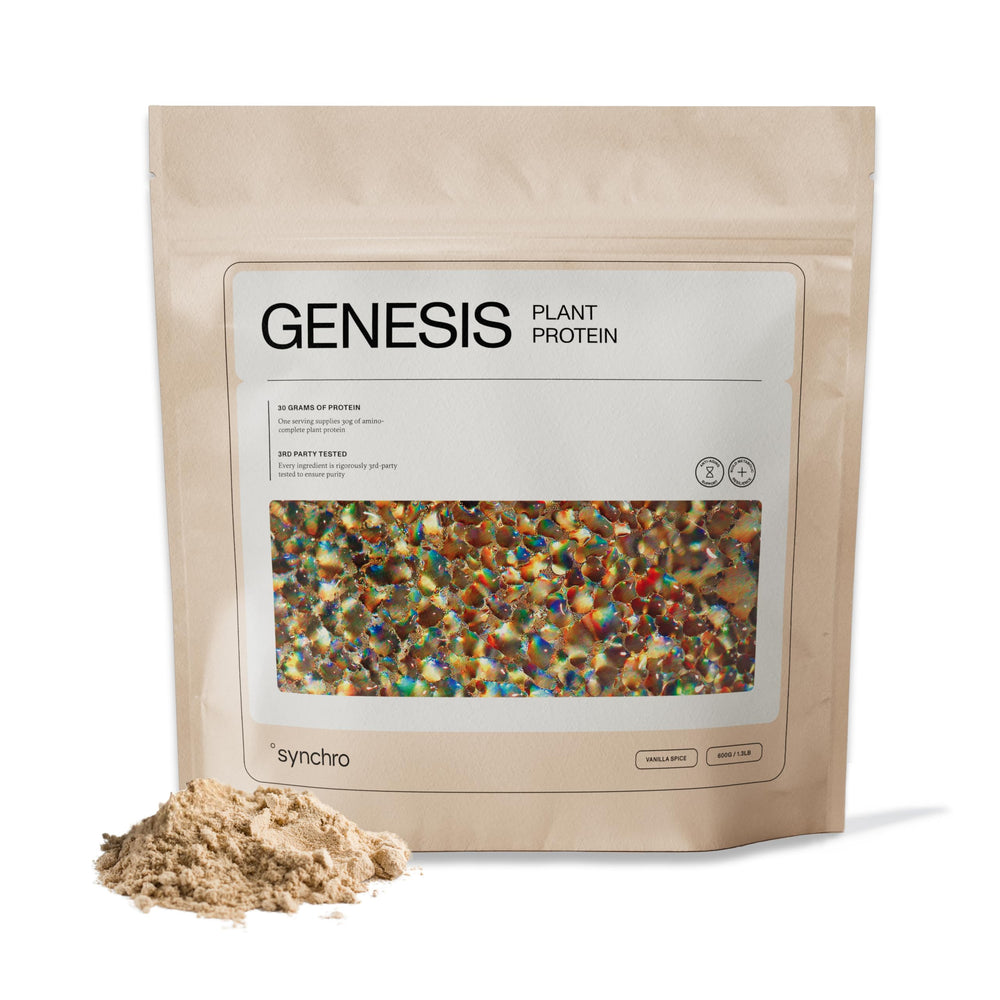 Synchro Genesis Vanilla Spice tub front showing premium plant-based protein powder for active days