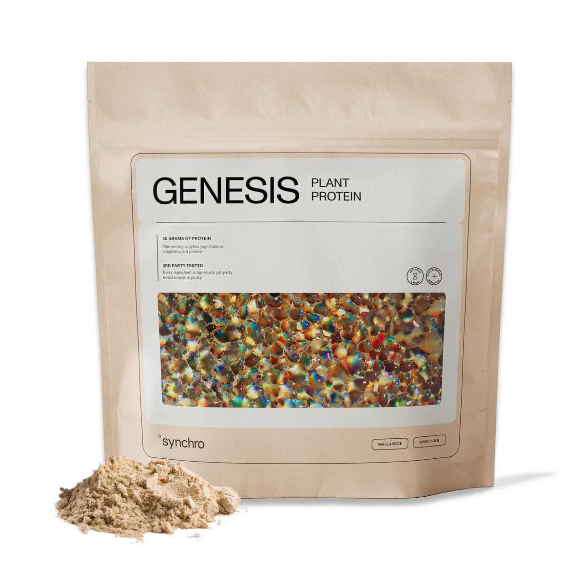 Synchro Genesis Vanilla Spice tub front showing premium plant-based protein powder for active days