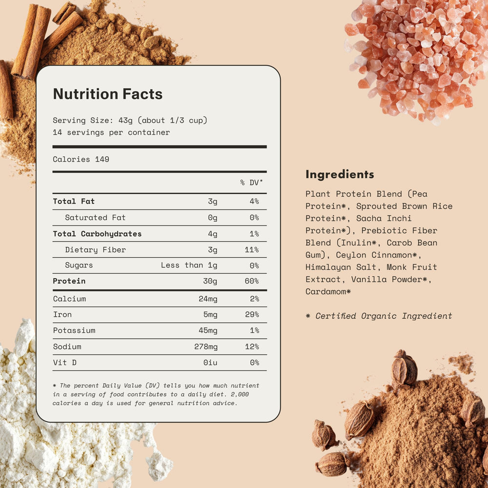 Synchro Genesis Vanilla Spice vegan and keto friendly protein powder in product packaging