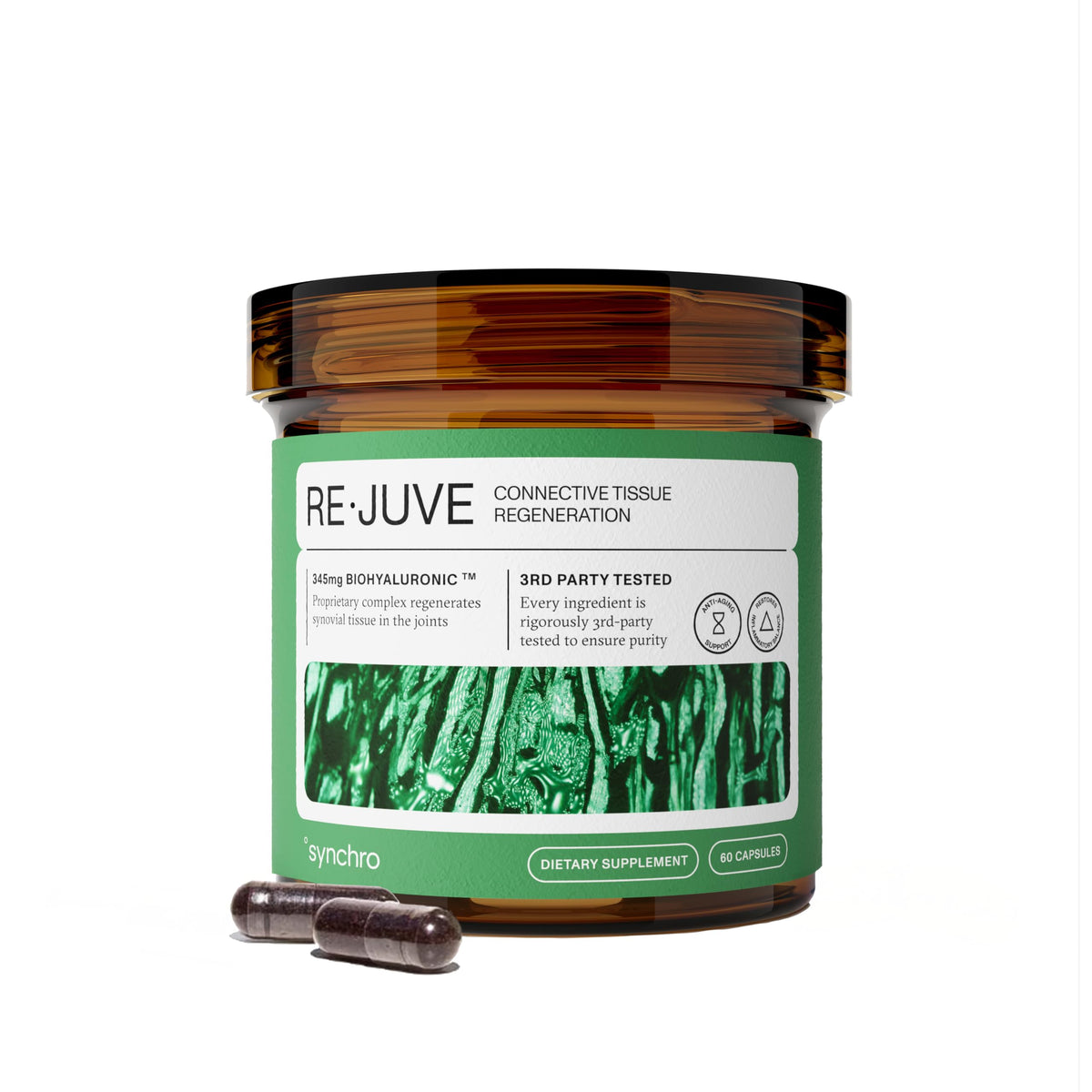 Synchro ReJuve joint bottle pour showcases convenient capsules for daily joint support.