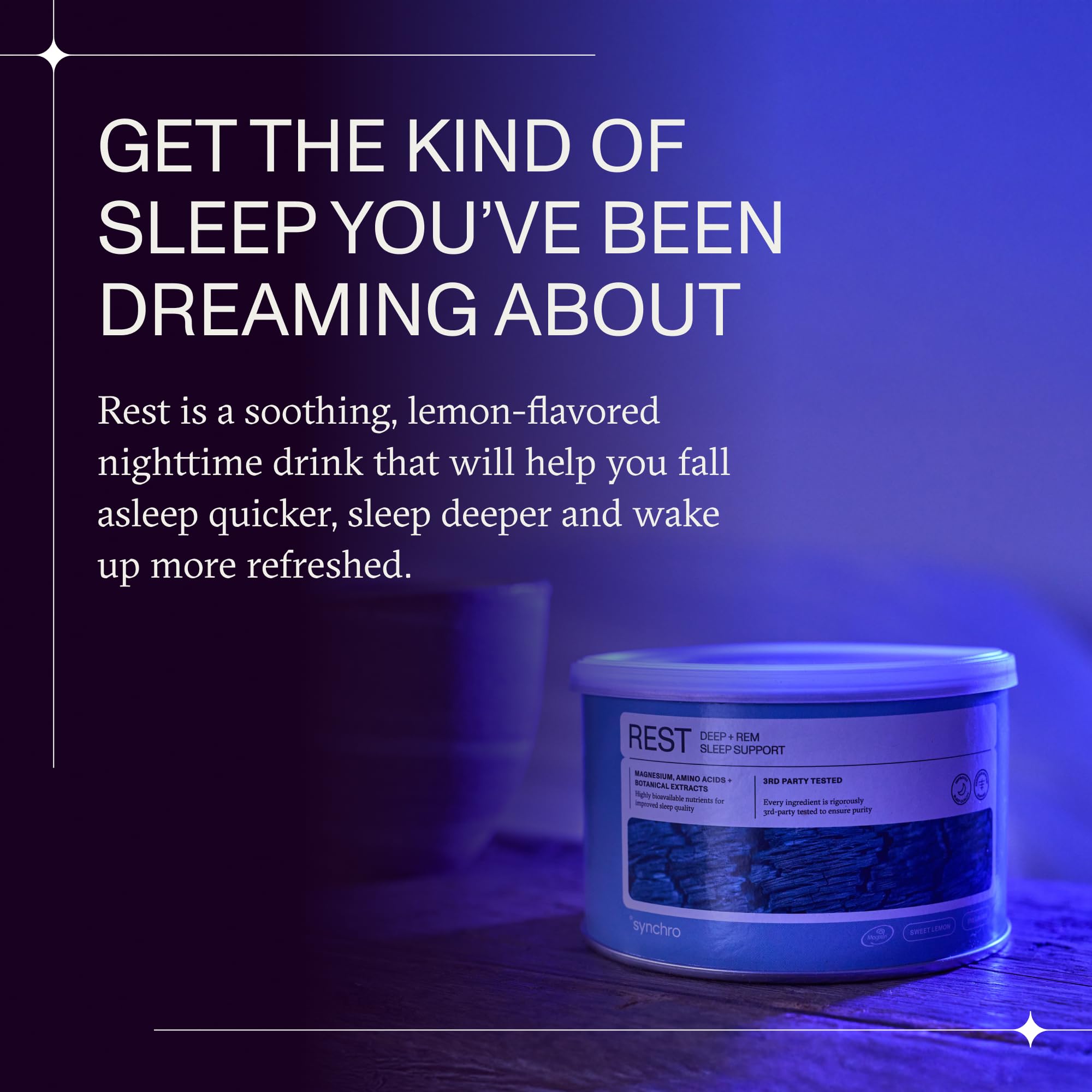 Synchro Rest Sleep scoop measures powder for a smooth bedtime routine.