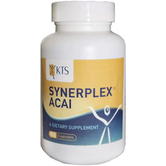Synerplex Acai Capsules bottle with label highlighting antioxidant benefits.