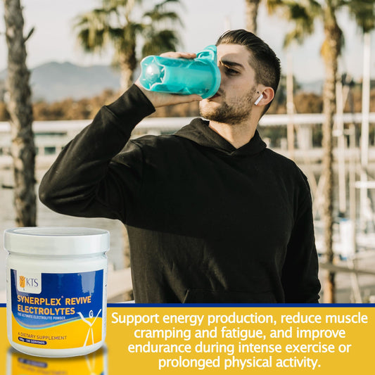 Synerplex Revive electrolyte powder poured into a glass for quick hydration.
