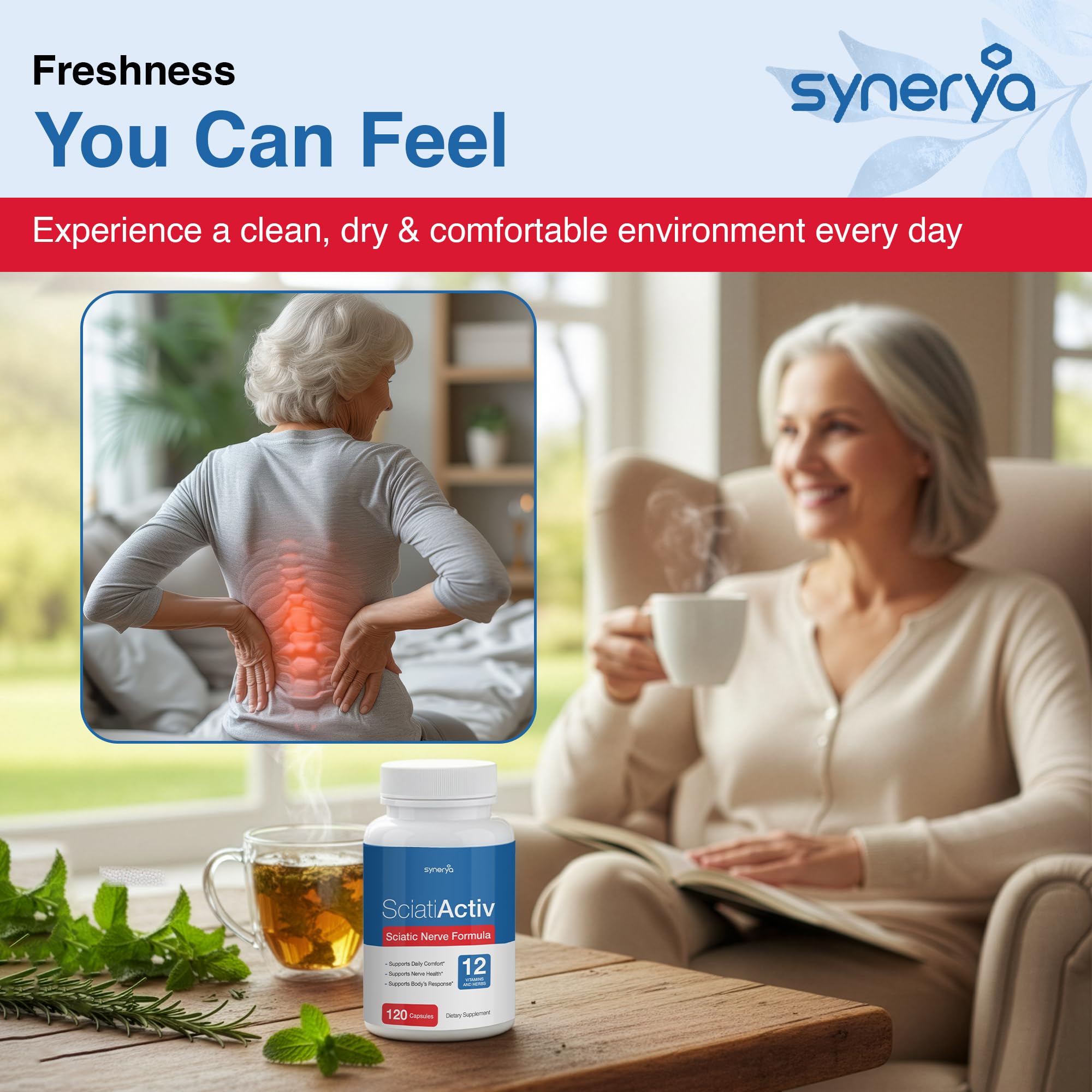 SYNERYA Alpha Lipoic Acid nerve support closeup shows essential nutrient blend for nerve health.