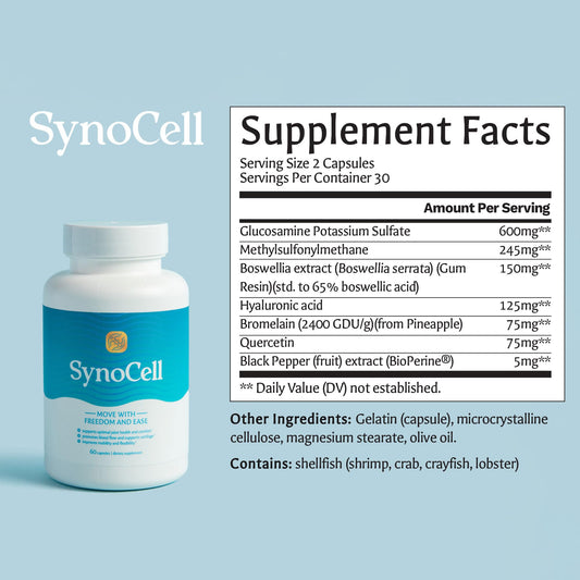 Synocell boswellia quercetin MSM blend capsules, a natural approach to joint support.