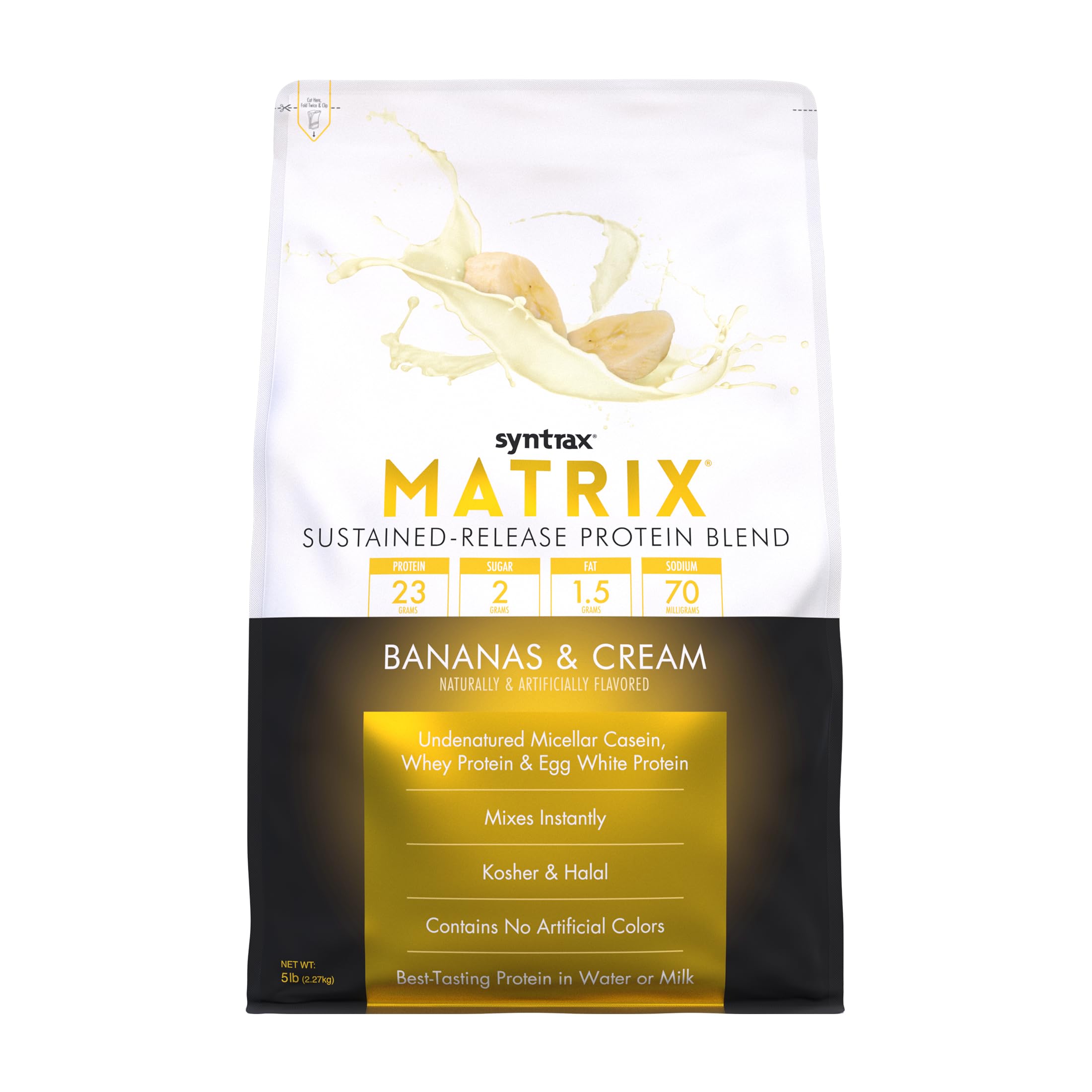 Syntrax Matrix bottle with Bananas & Cream label for sustained protein.