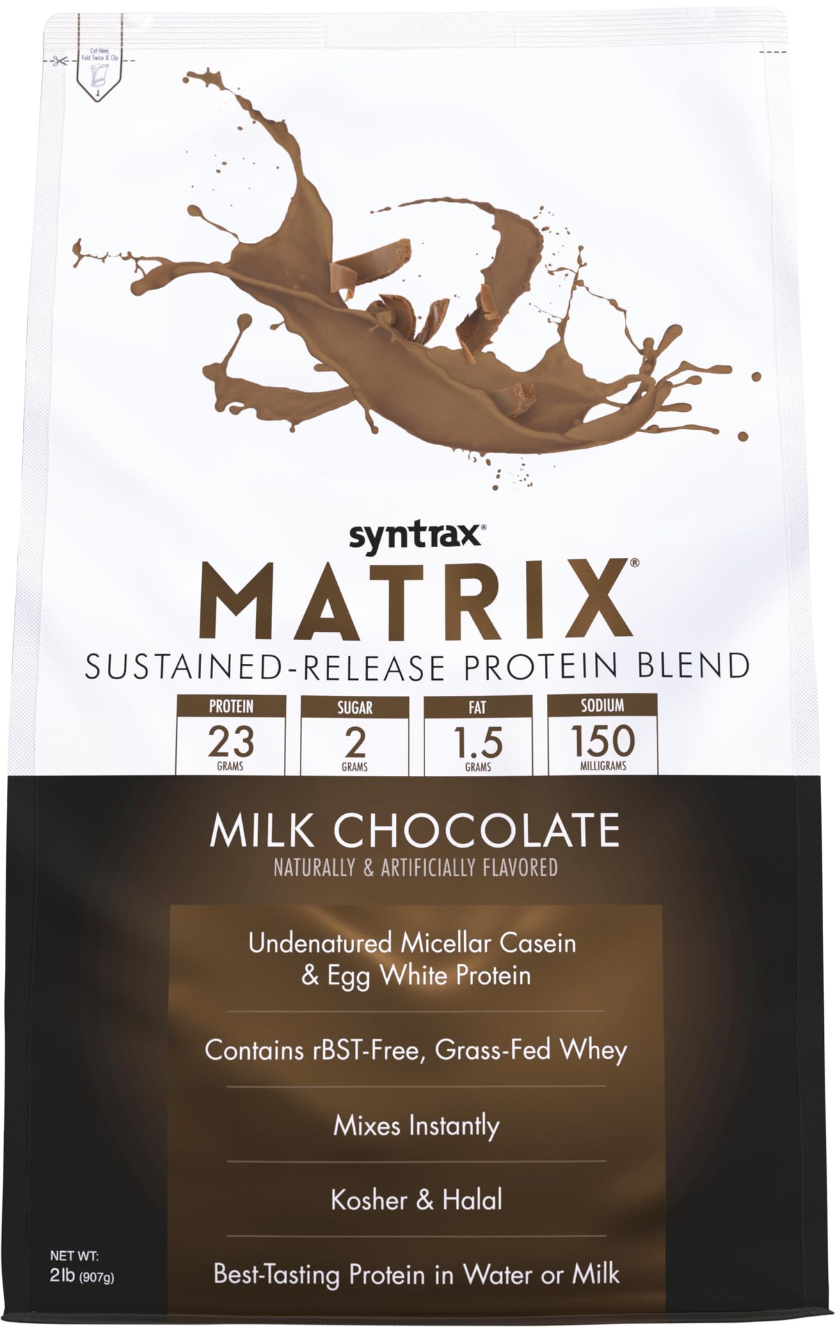 Syntrax Matrix front label in milk chocolate for a reliable post-workout protein option