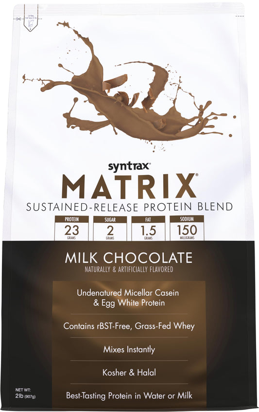 Syntrax Matrix front label in milk chocolate for a reliable post-workout protein option