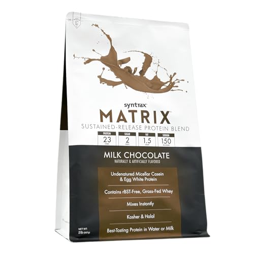 Syntrax Matrix bottle close-up highlighting milk chocolate flavor and premium whey