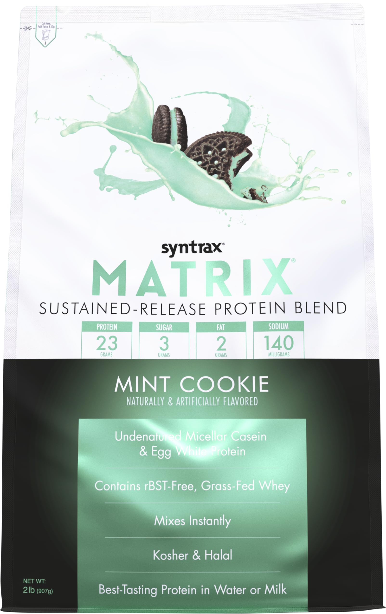 Syntrax Matrix Mint Cookie powder with a scoop for smooth, sustained protein delivery