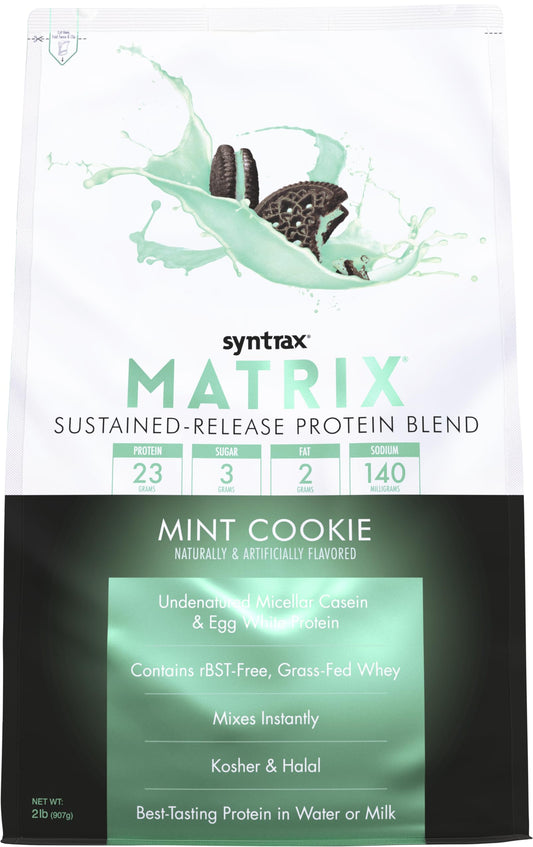 Syntrax Matrix Mint Cookie powder with a scoop for smooth, sustained protein delivery