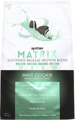 Syntrax Matrix Mint Cookie powder with a scoop for smooth, sustained protein delivery