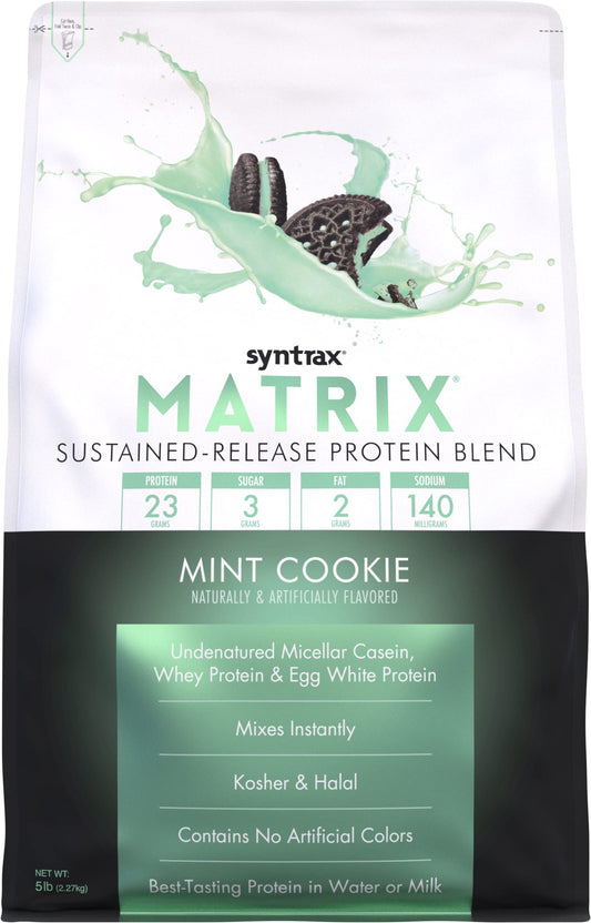 Syntrax Matrix Mint Cookie 5 lbs pouch front view with real cookie pieces for shakes.