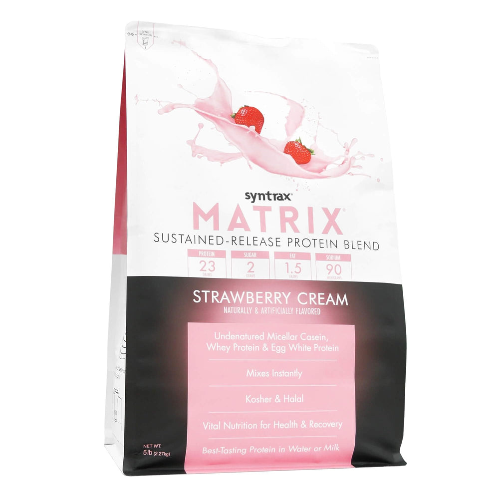 Syntrax Matrix scoop beside bottle demonstrates quick mix in milk or water.
