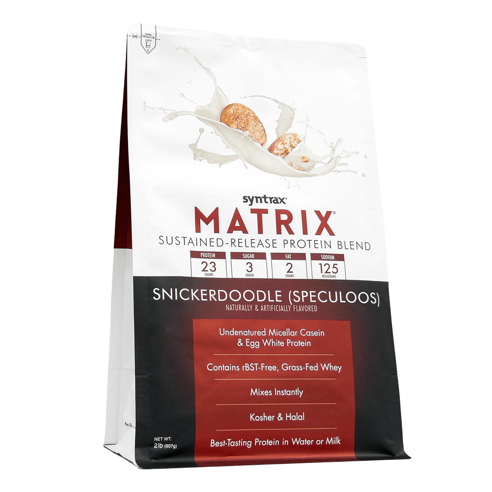 Syntrax Matrix Snickerdoodle powder poured for quick mixing and flavor focus.