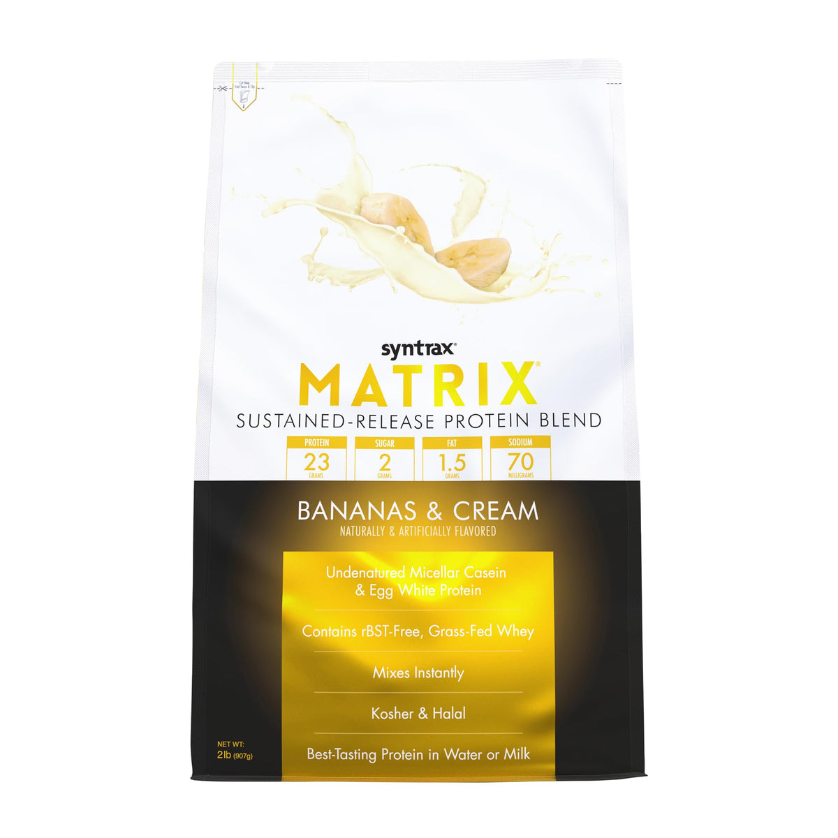Syntrax Matrix powder in jar highlighting sustained-release protein blend for steady amino supply.