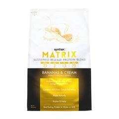 Syntrax Matrix powder in jar highlighting sustained-release protein blend for steady amino supply.