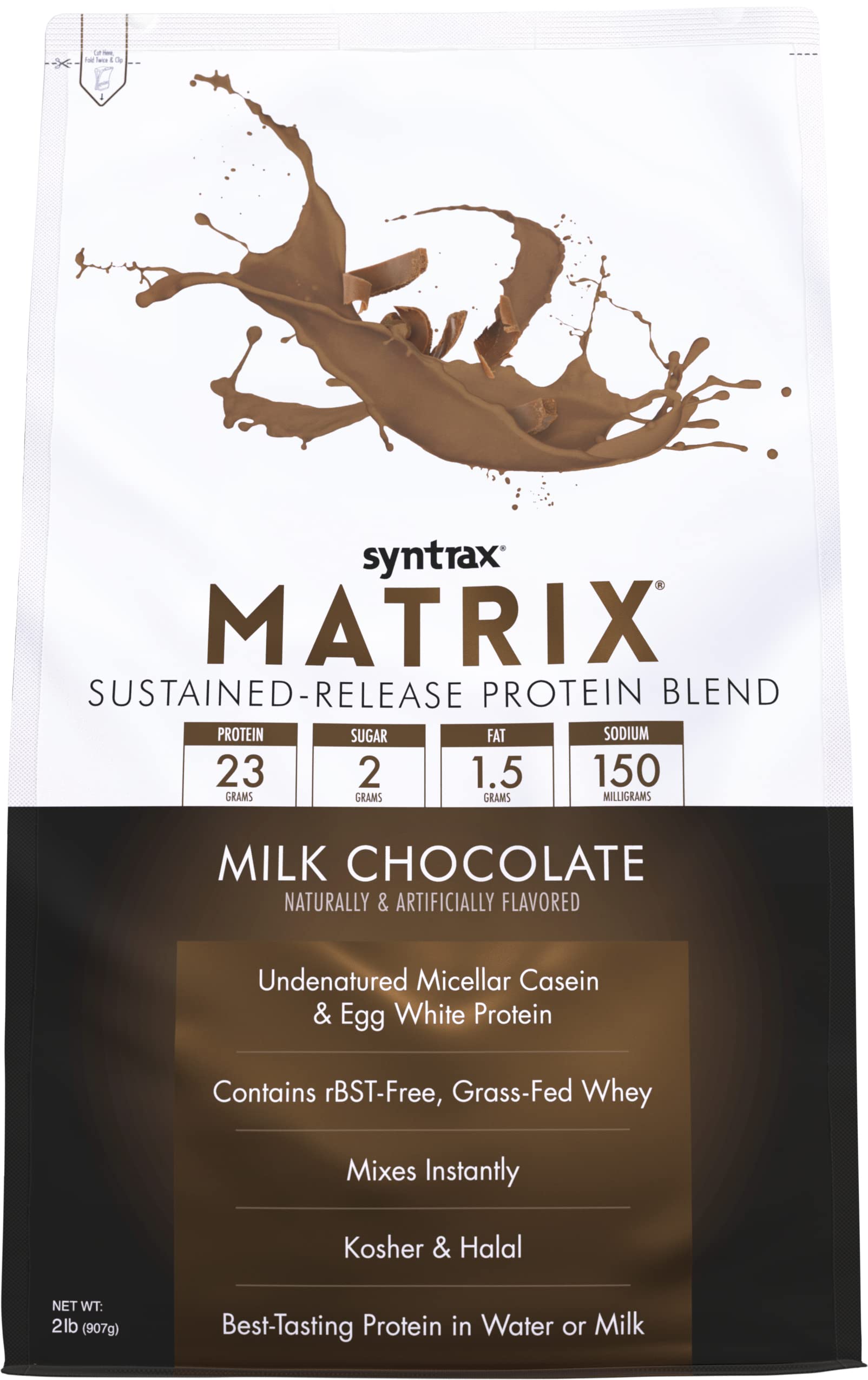 Syntrax Matrix sustained-release protein blend tub showing clean label for steady amino acid delivery