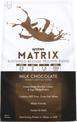 Syntrax Matrix sustained-release protein blend tub showing clean label for steady amino acid delivery