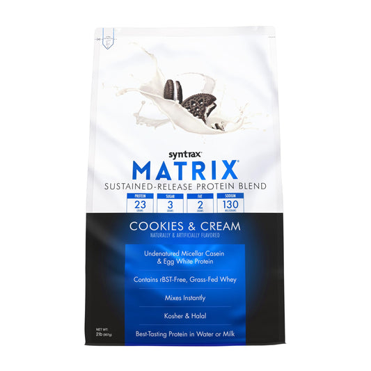 Syntrax Matrix bottle showing sustained-release protein for steady energy