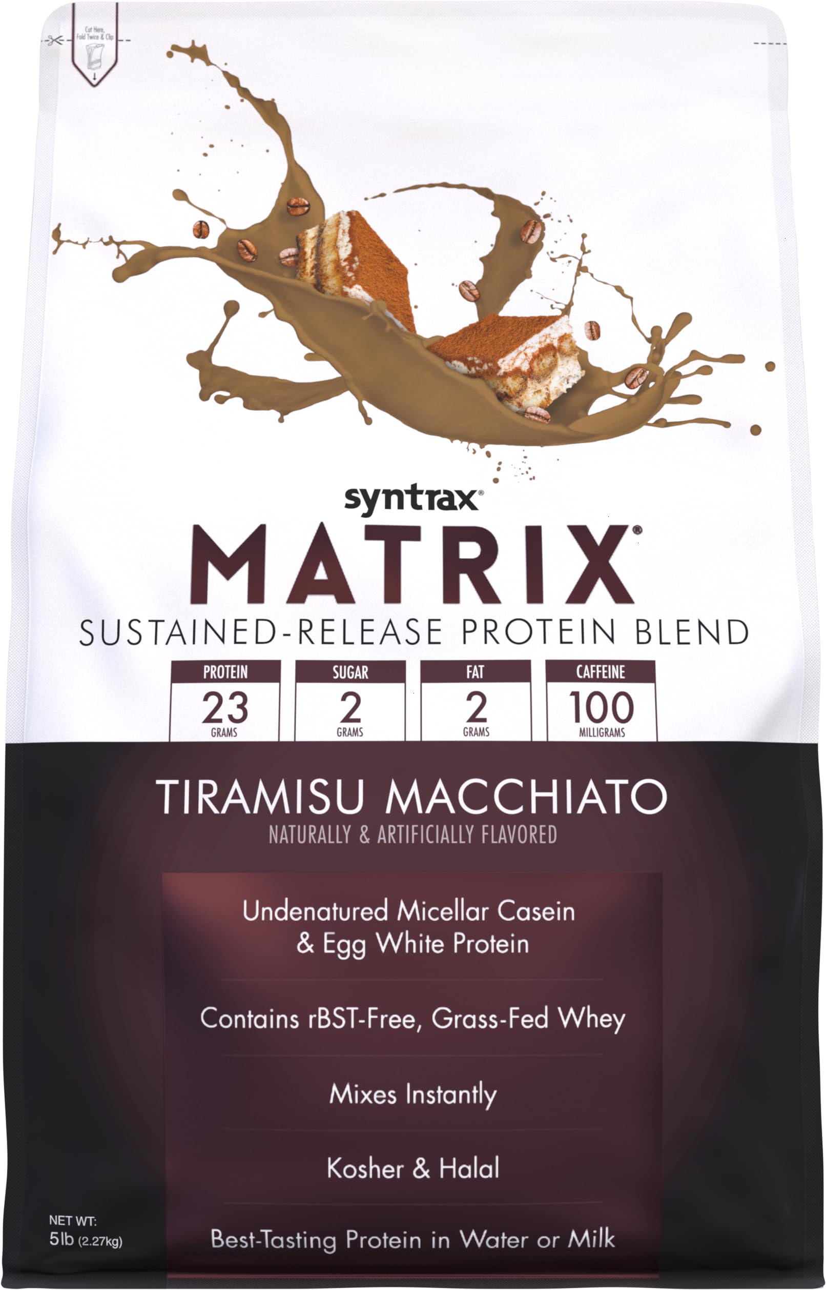 Syntrax Matrix Tiramisu Macchiato 5lb container highlighting sustained-release protein for steady energy