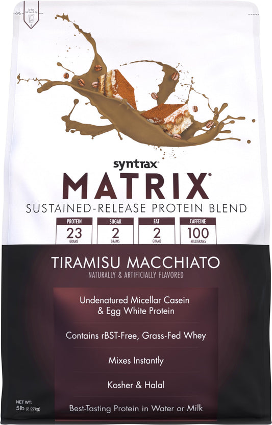 Syntrax Matrix Tiramisu Macchiato 5lb container highlighting sustained-release protein for steady energy