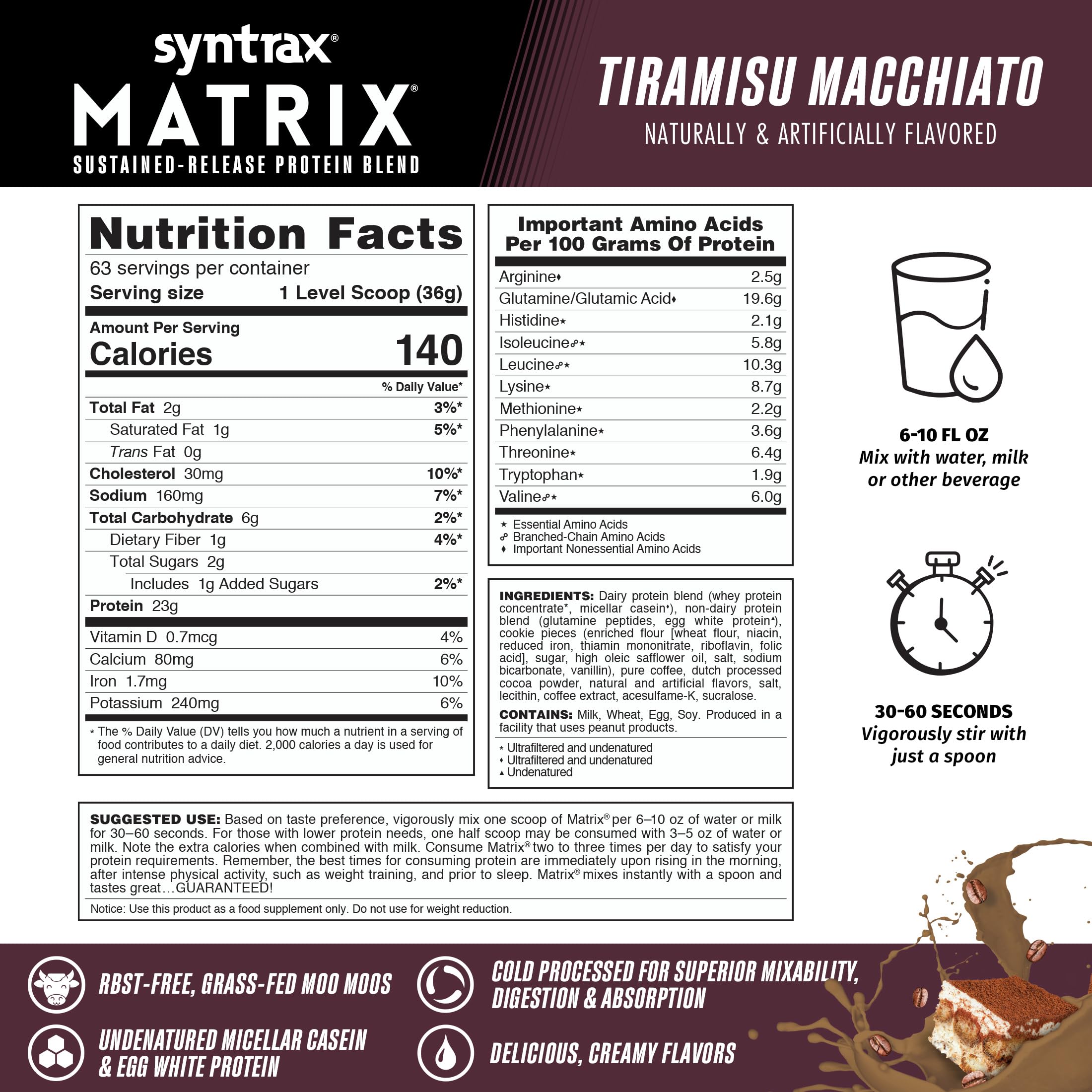 Syntrax Matrix Tiramisu Macchiato 5lb shaker delivering quick-dissolve texture
