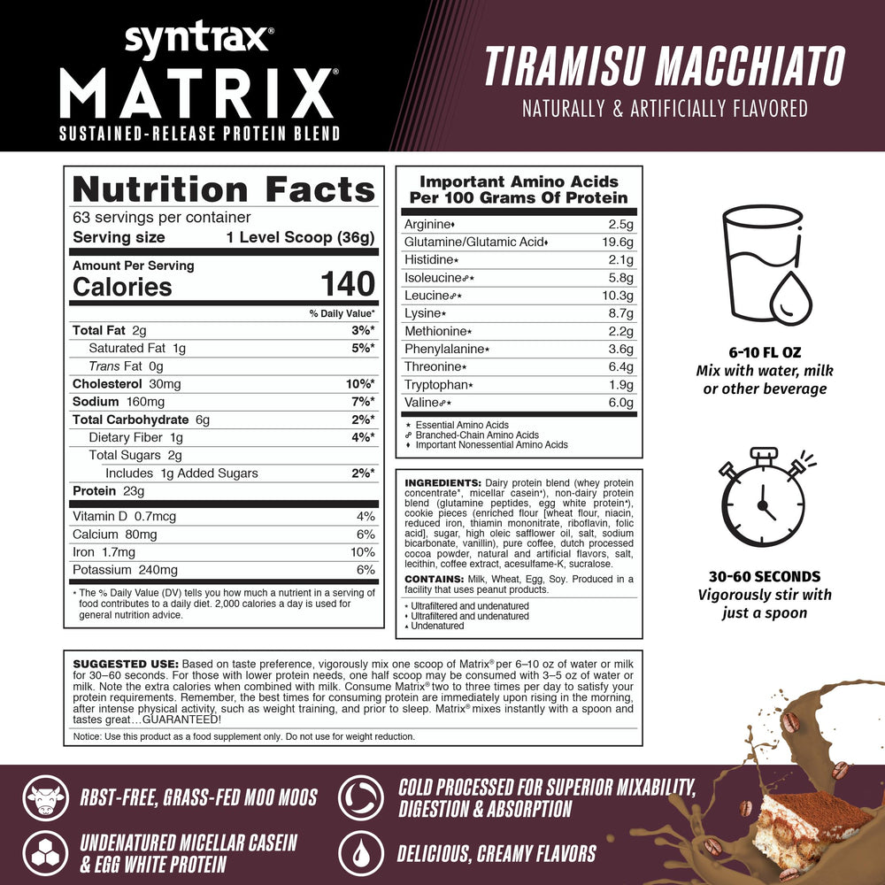 Syntrax Matrix Tiramisu Macchiato 5lb shaker delivering quick-dissolve texture