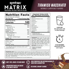 Syntrax Matrix Tiramisu Macchiato 5lb shaker delivering quick-dissolve texture