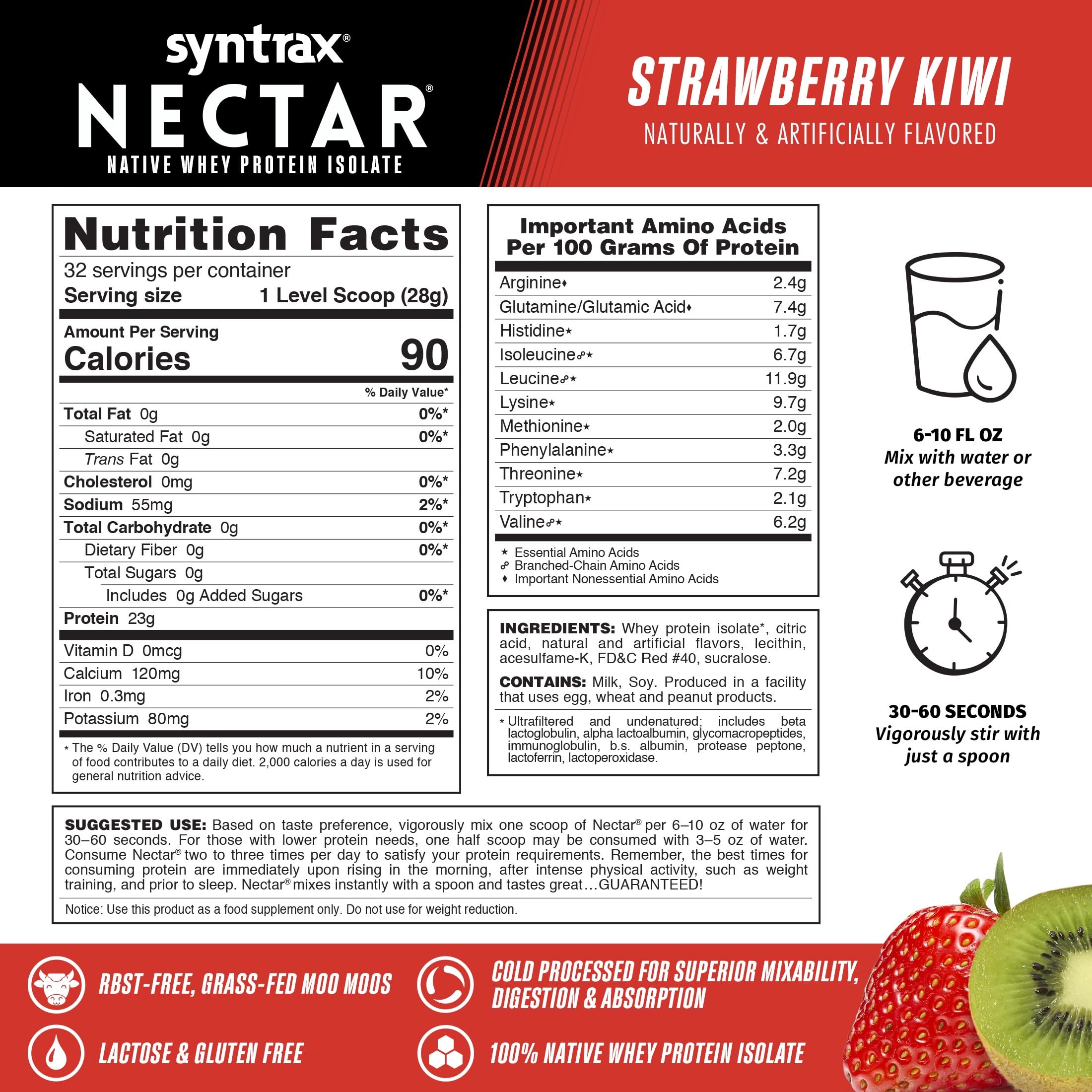 Syntrax Nectar 2lb tub label shows lactose-free, gluten-free protein with zero sugar.